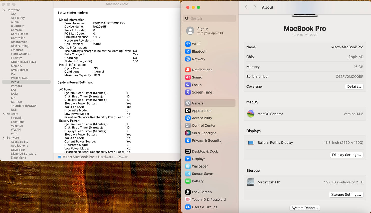 Apple 2020 MacBook pro 13" M1 3.2GHz (8-Core GPU) 16GB RAM 2TB SSD - Excellent