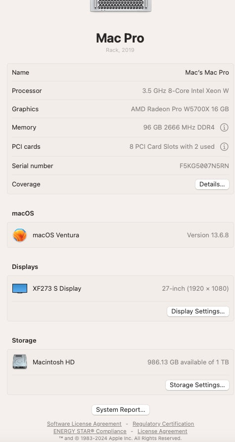 Apple 2019 Mac Pro Rack 3.5GHz 8-Core Xeon 96GB RAM 1TB SSD RPW5700X 16GB