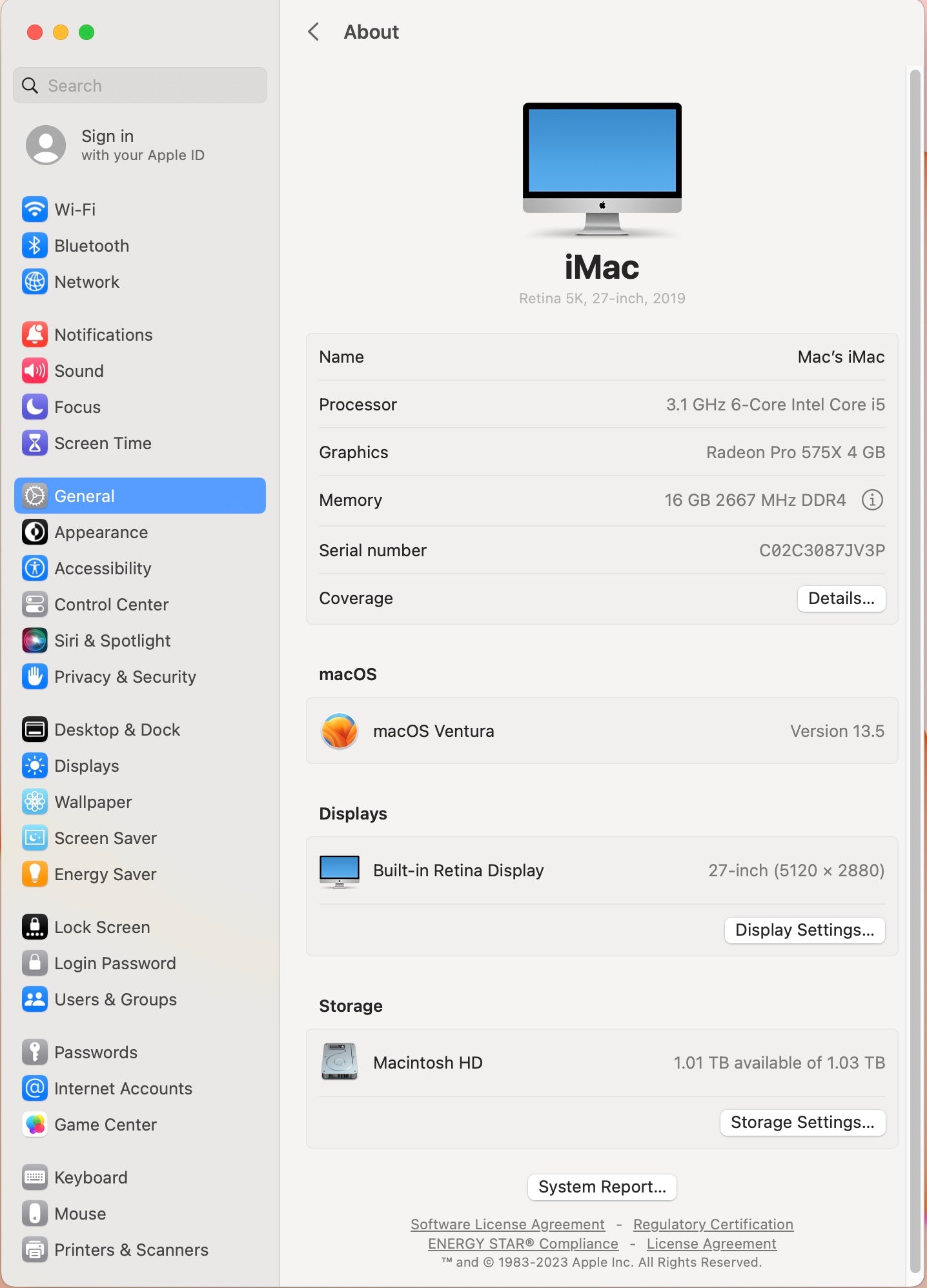 Apple 2019 iMac 27 in 5K 3.1GHz i5 16GB RAM 1TB Fusion RP575X 4GB - Very Good