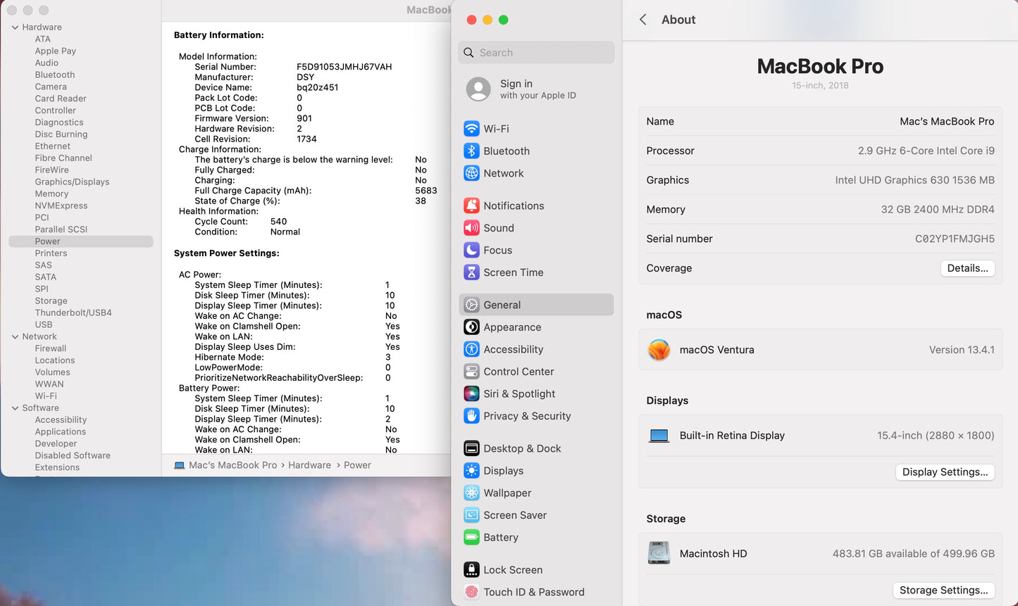 Apple 2018 MacBook Pro 15 in 2.9GHz i9 32GB RAM 512GB SSD RP555X 4GB - Very Good