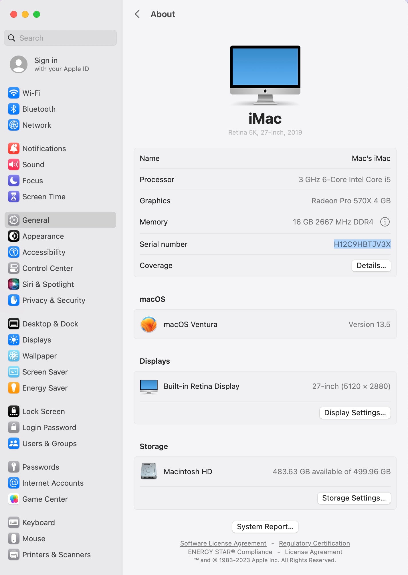 Apple 2019 iMac 27 in 5K 3.0GHz i5 16GB RAM 512GB SSD RP570X 4GB - Very Good