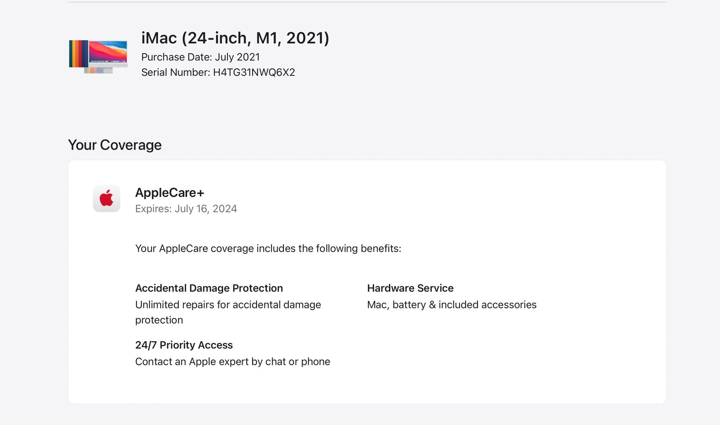 Apple 2021 iMac 24 in M1 3.2GHz (8-Core GPU) 16GB RAM 256GB SSD AC+ - Excellent