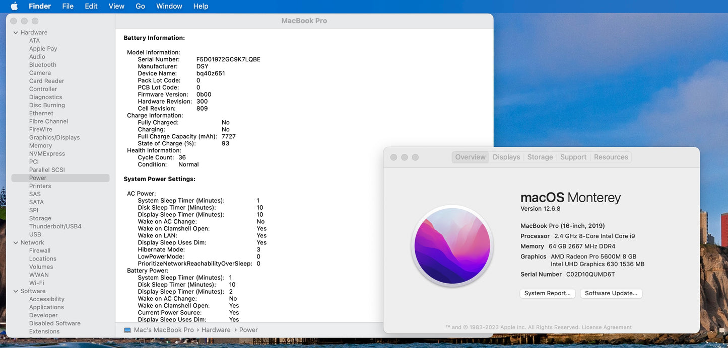Apple 2019 Macbook pro 16in 2.4GHz i9 64GB RAM 2TB SSD RP5600M 8GB - Excellent