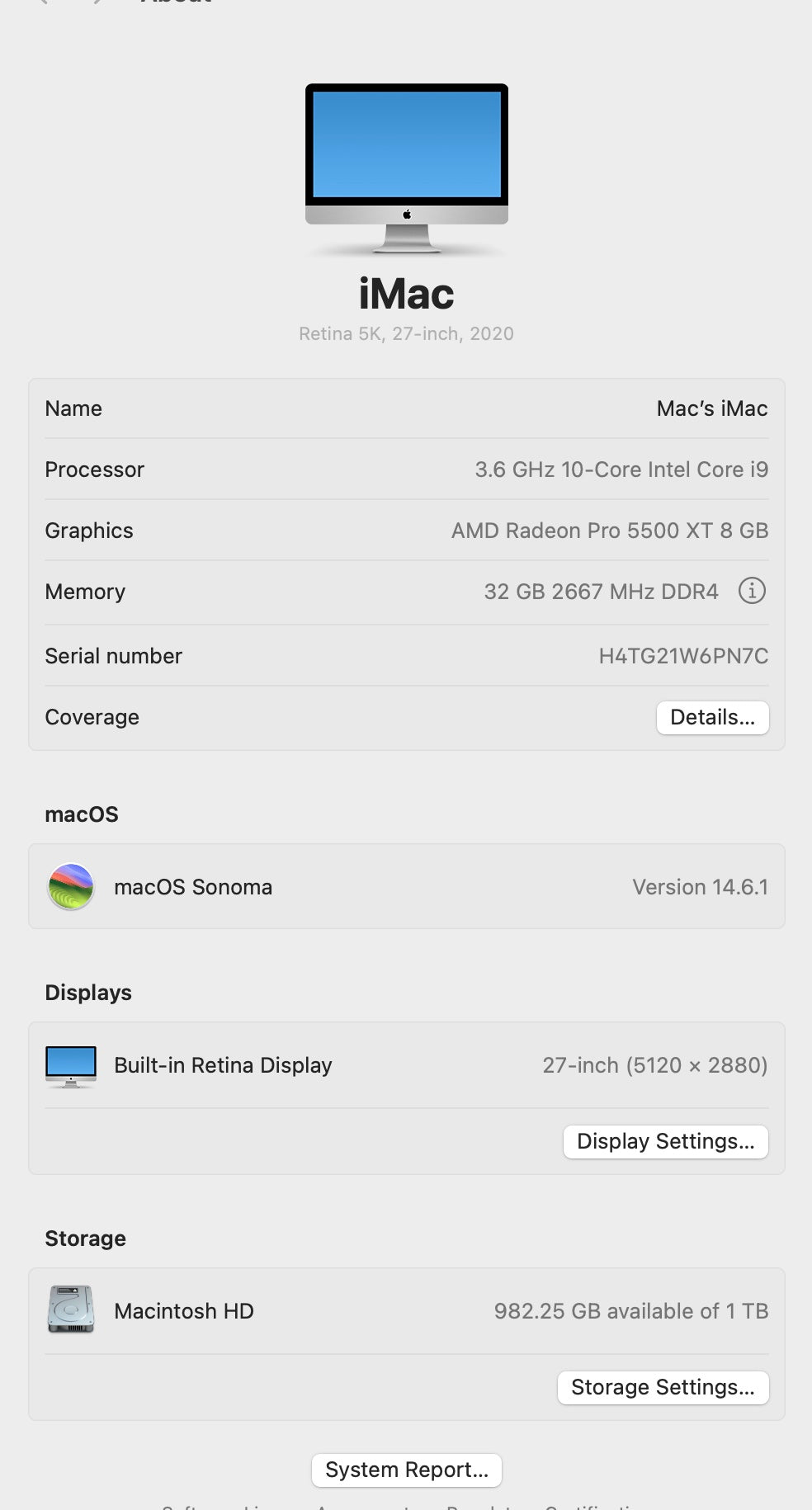 Apple 2020 iMac 27" 3.6GHz 10-Core i9 32GB RAM 1TB SSD RP5500XT 8GB - Very Good