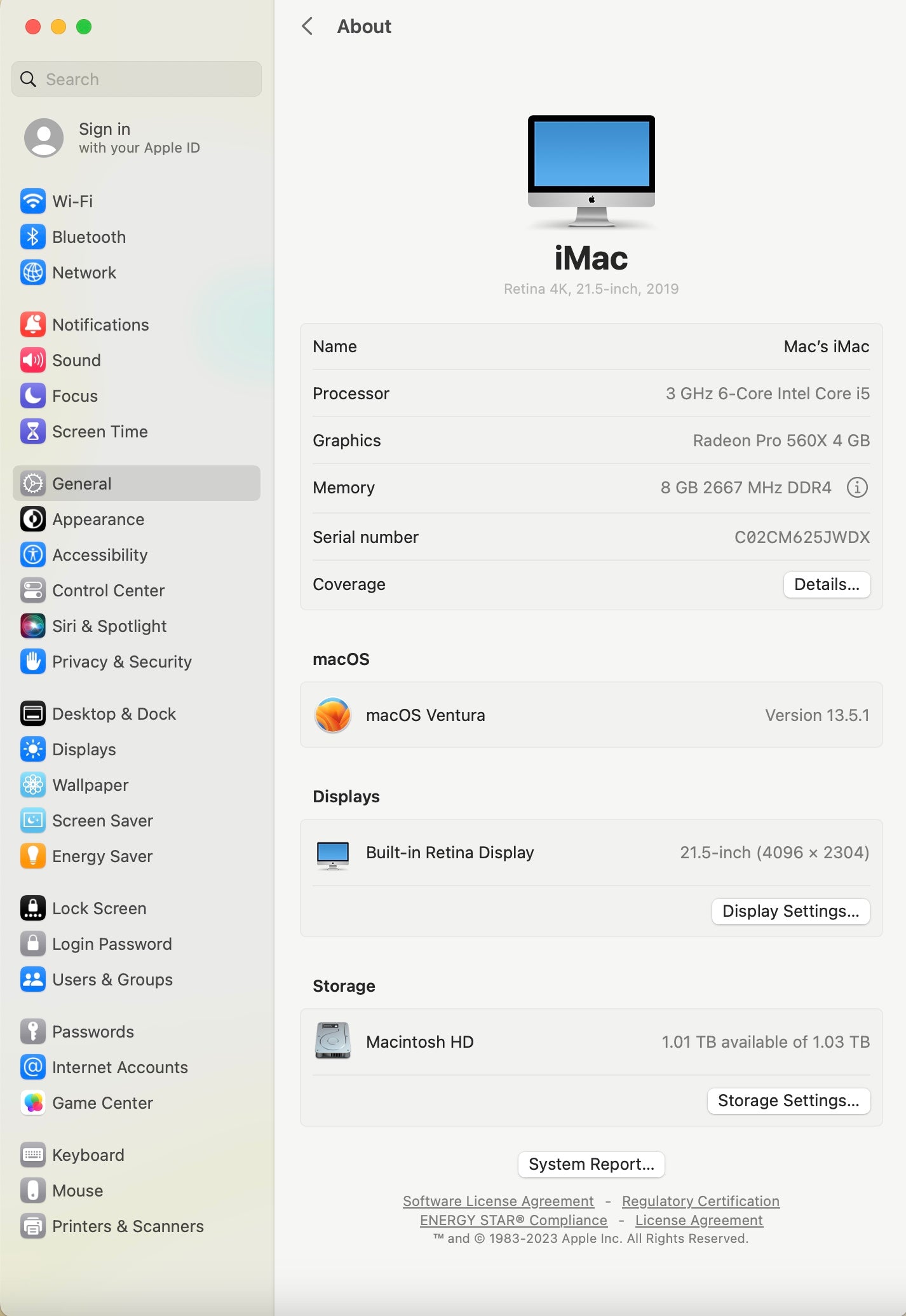 Apple 2019 iMac 21 in 4K 3.0GHz 6-C i5 8GB RAM 1TB Fusion RP560X 4GB - Very Good