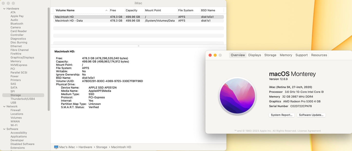 Apple 2020 iMac 27" 3.6GHz 10-Core i9 32GB RAM 512GB SSD RP5300 4GB - Excellent