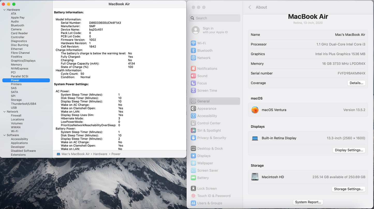 Apple 2020 MacBook Air 13 in 1.1GHz Quad-Core i3 16GB RAM 256GB SSD - Very Good