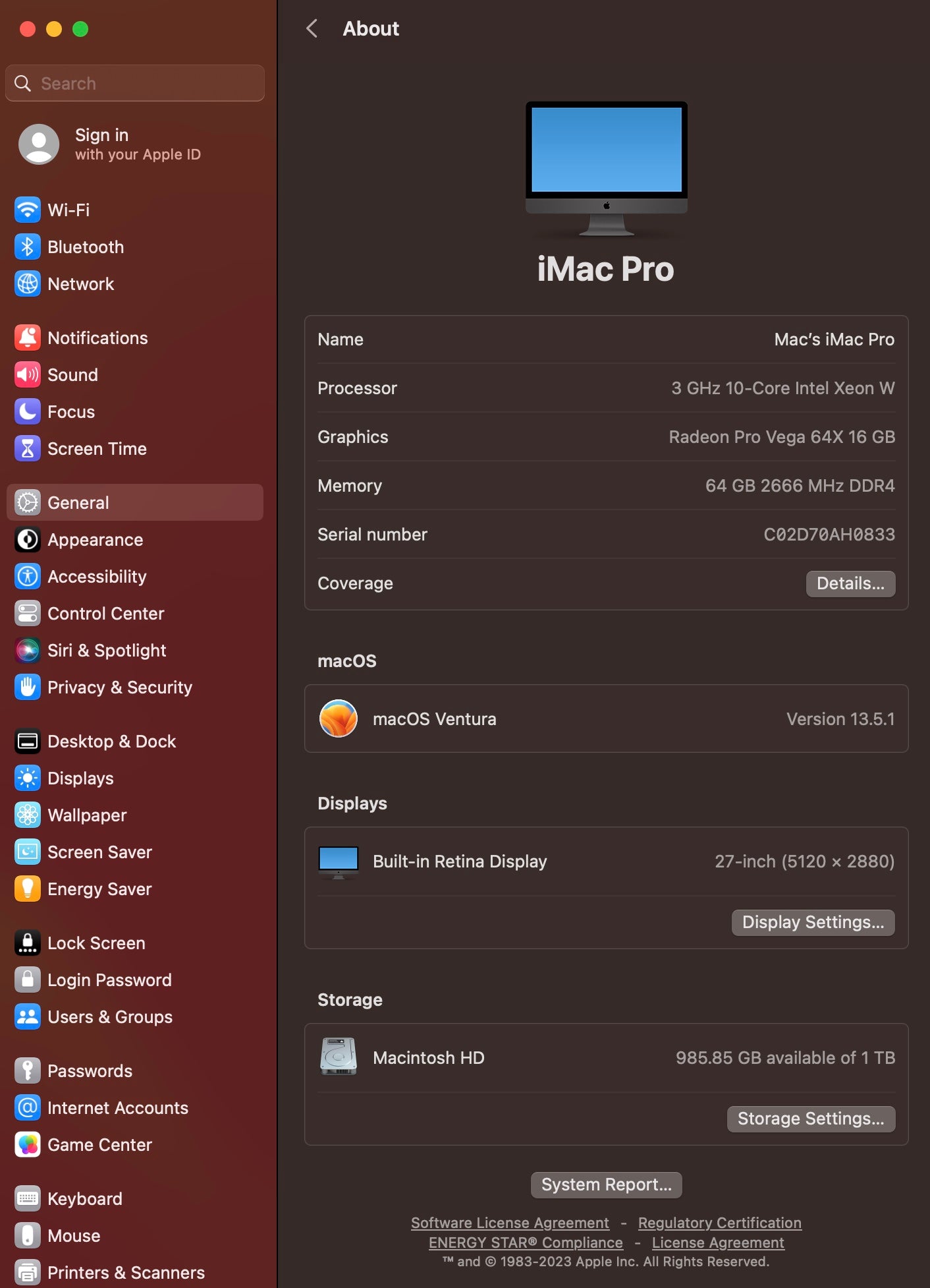Apple 2017 iMac Pro 3.0GHz 10-Core Xeon 64GB RAM 1TB SSD Vega64X 16GB Excellent