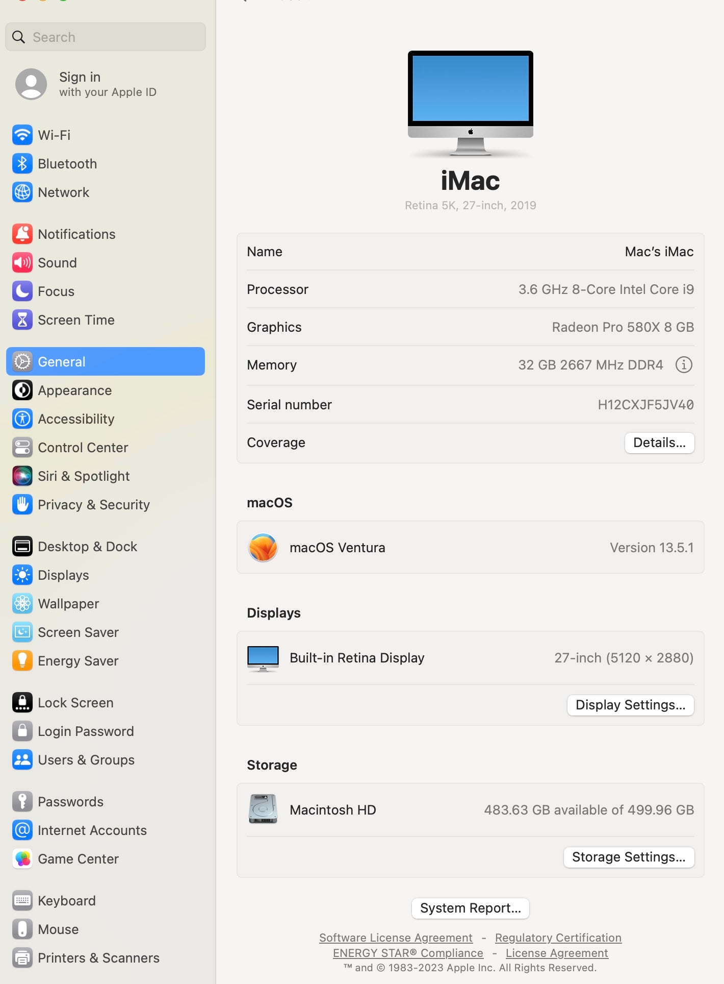 Apple 2019 iMac 27 in 5K 3.6GHz i9 32GB RAM 512GB SSD RP580X 8GB - Very Good