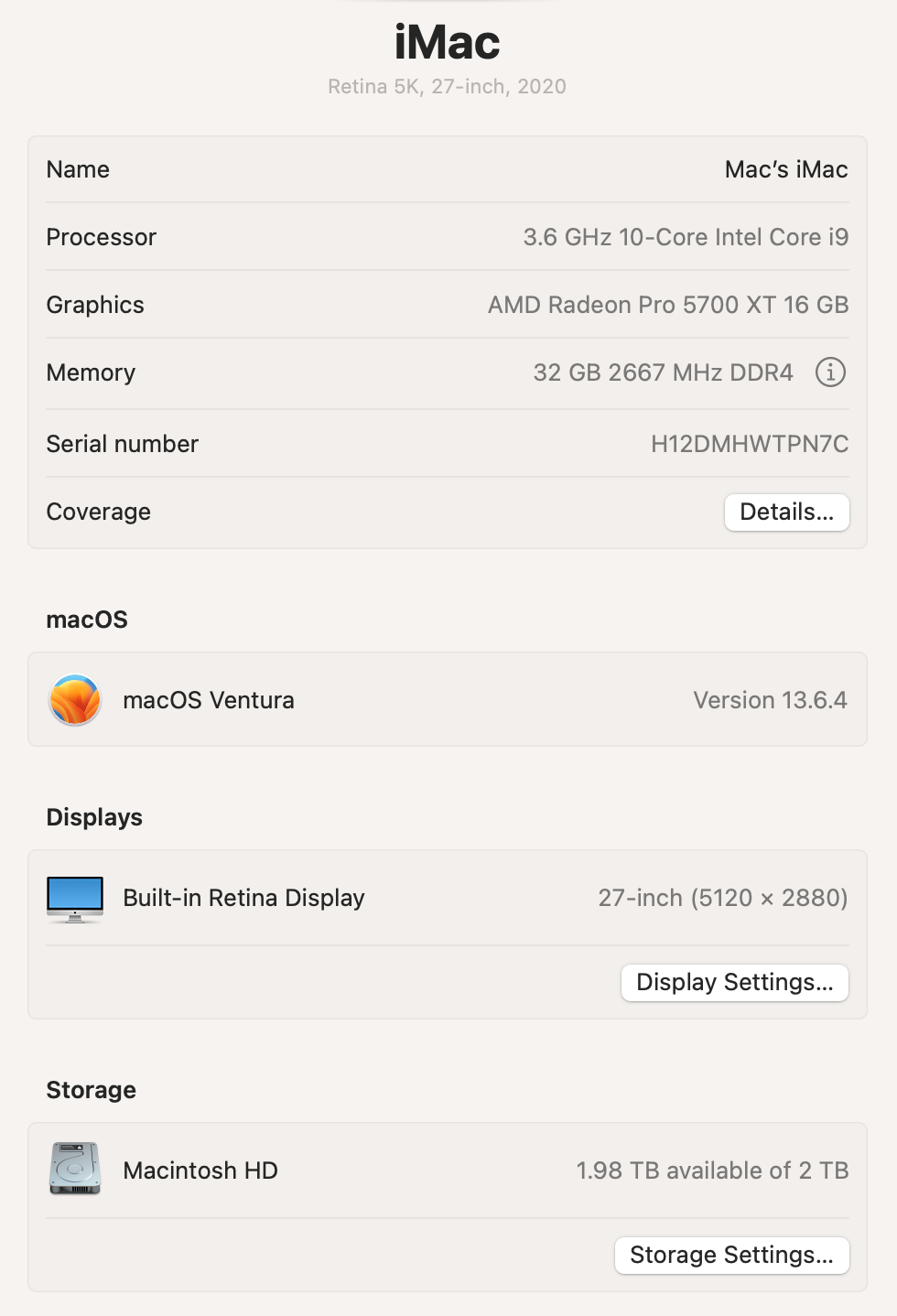 Apple 2020 iMac 27" 5K 3.6GHz i9 32GB RAM 2TB SSD RP5700XT 16GB - Very good