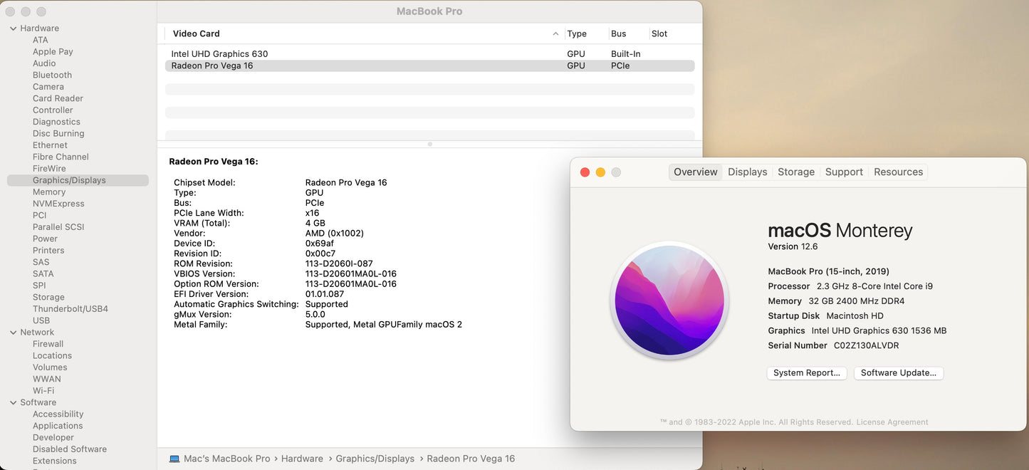 Apple 2019 15 in MacBook Pro TB 2.3GHz 8-Core i9 32GB RAM 512GB SSD Vega 16 4GB