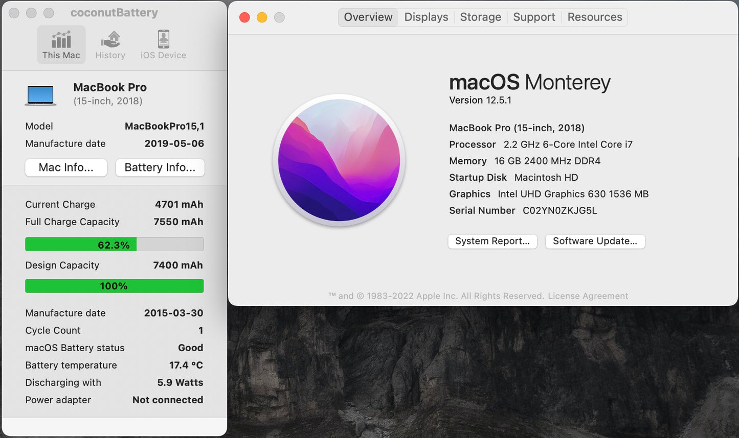 Apple 2018 15 in MacBook Pro TB 2.2GHz 6-Core i7 16GB RAM 256GB SSD RP555X 4GB