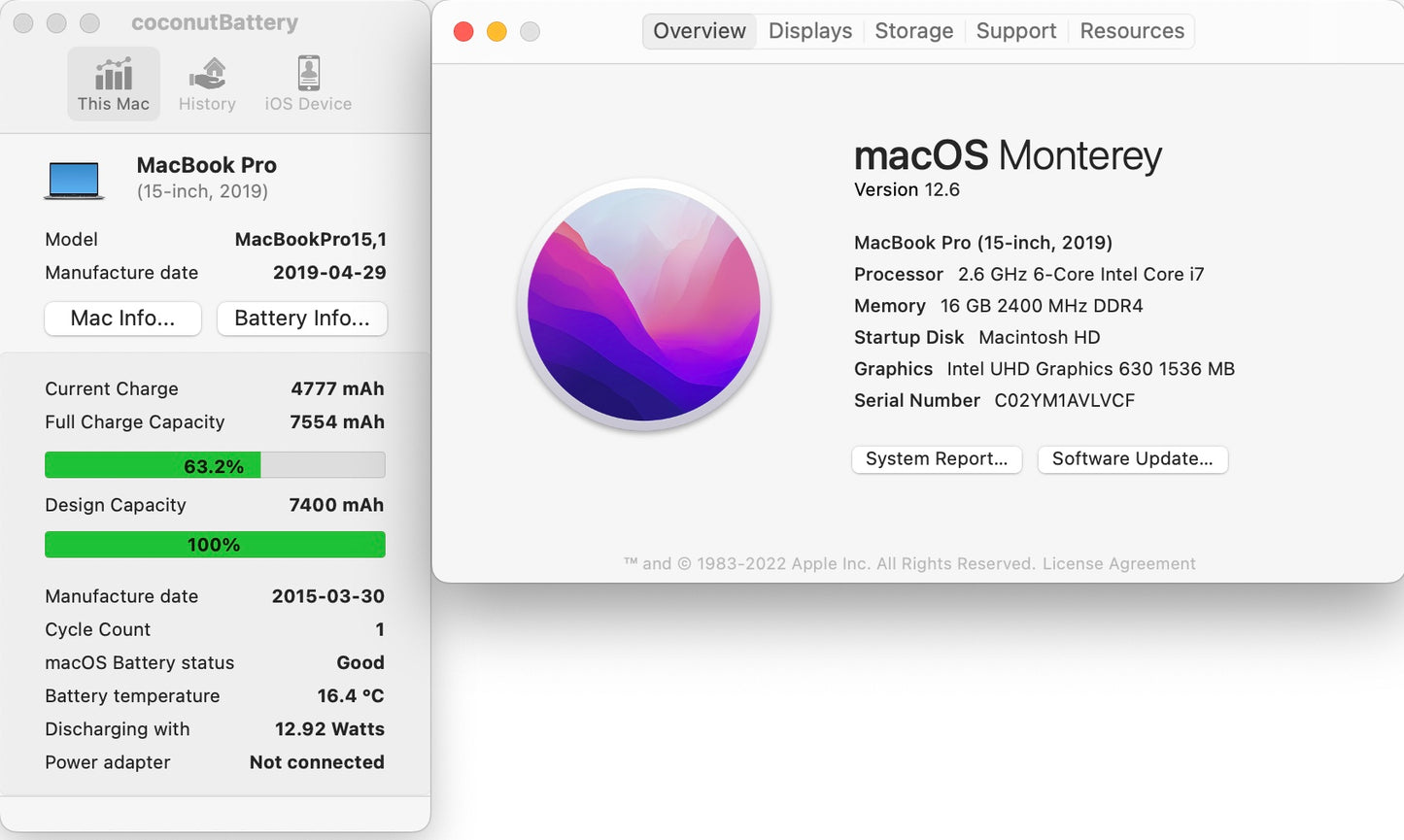 Apple 2019 15 in MacBook Pro TB 2.6GHz 6-Core i7 16GB RAM 256GB SSD RP555X 4GB