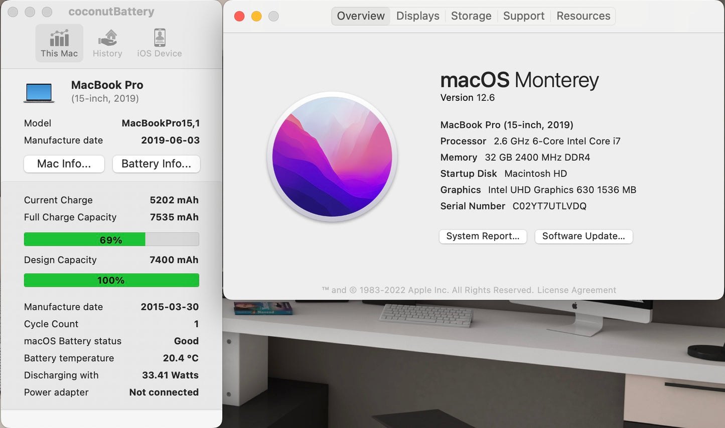 Apple 2019 15 in MacBook Pro TB 2.6GHz 6-Core i7 32GB RAM 256GB SSD RP555X 4GB