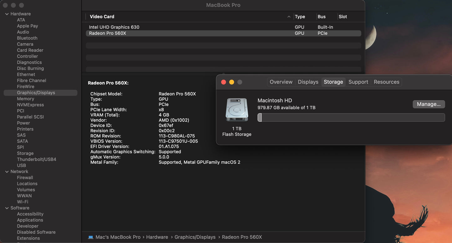 Apple 2018 15 in MacBook Pro TB 2.9GHz 6-Core i9 32GB RAM 1TB SSD RP560X 4GB