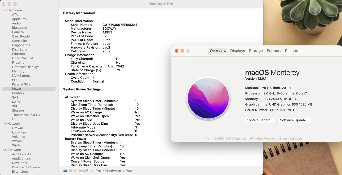 Apple 2019 15 in MacBook Pro TB 2.6GHz 6-Core i7 32GB RAM 256GB SSD RP555X 4GB