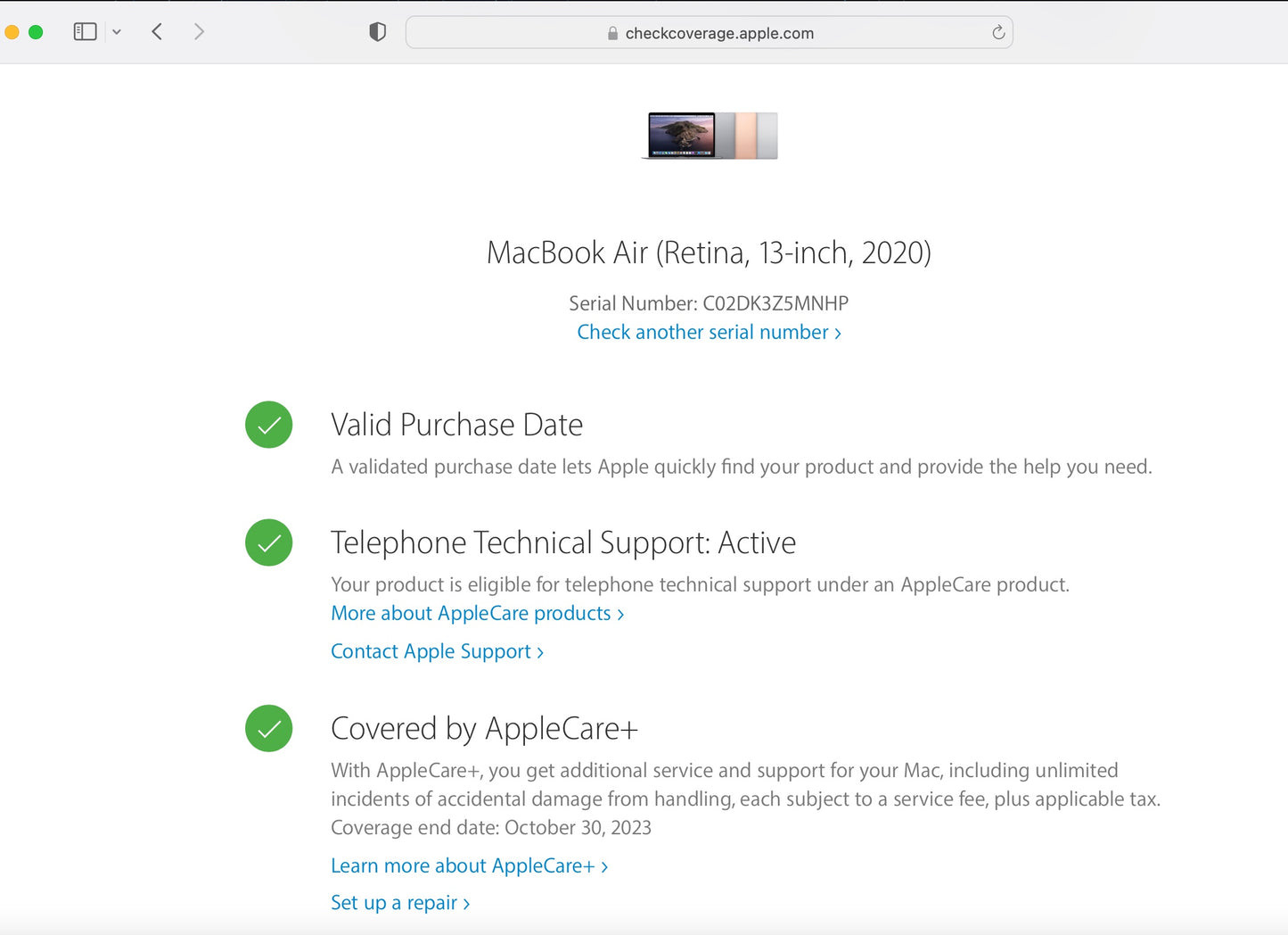 Apple 2020 13 in MacBook Air 1.1GHz Dual-Core i3 8GB RAM 256GB SSD AC+