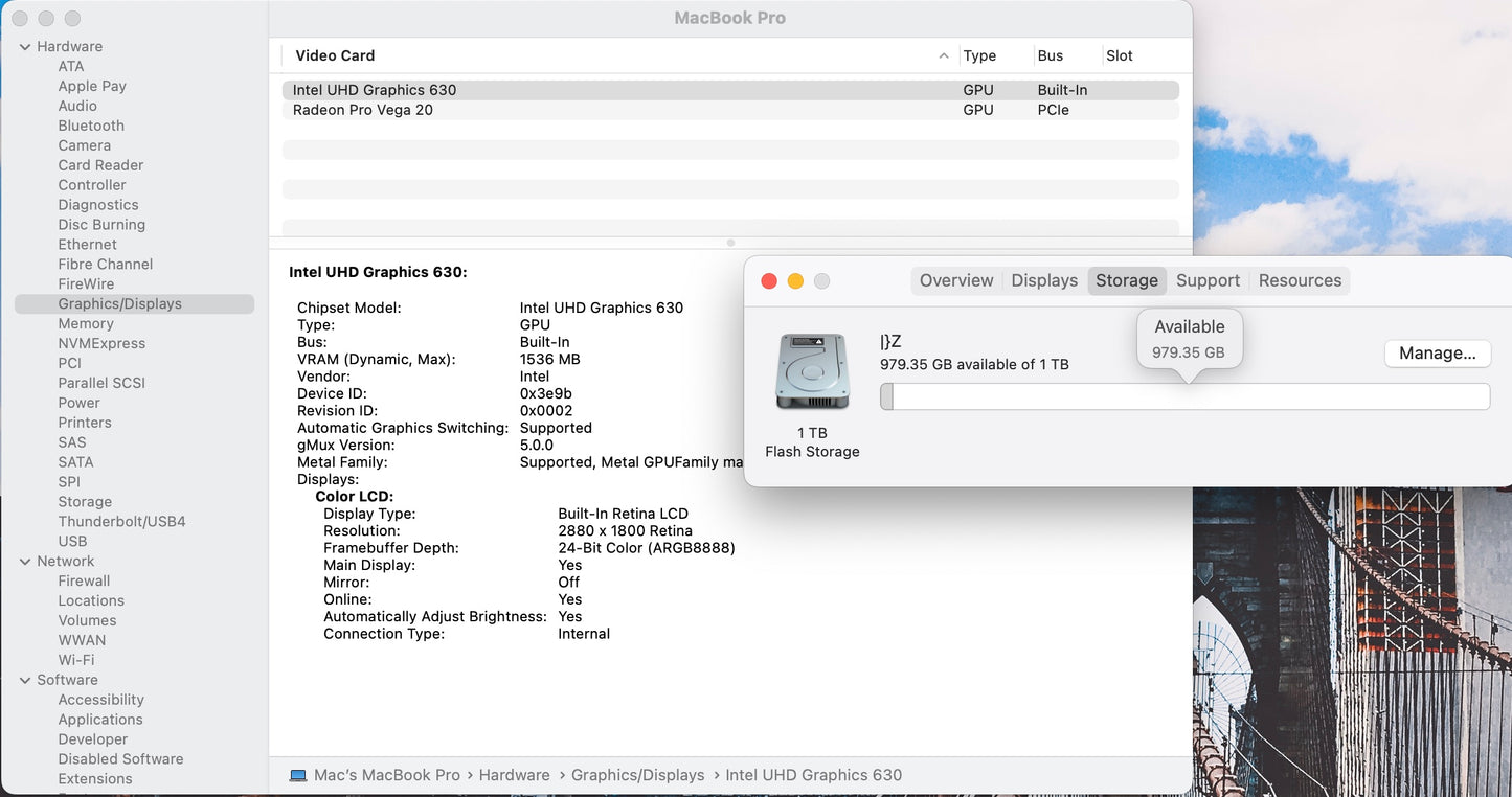 Apple 2019 15 in MacBook Pro TB 2.4GHz 8-Core i9 32GB RAM 1TB SSD Vega 20 4GB