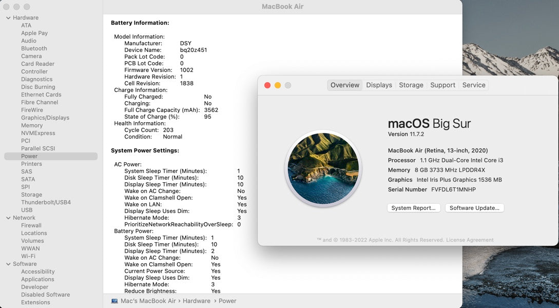 Apple 2020 13 in MacBook Air 1.1GHz Dual-Core i3 8GB RAM 256GB SSD IIPG 1536 AC+