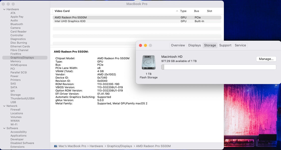 Apple 2019 16 in MacBook Pro TB 2.4GHz 8-Core i9 32GB RAM 1TB SSD RP5500M 4GB