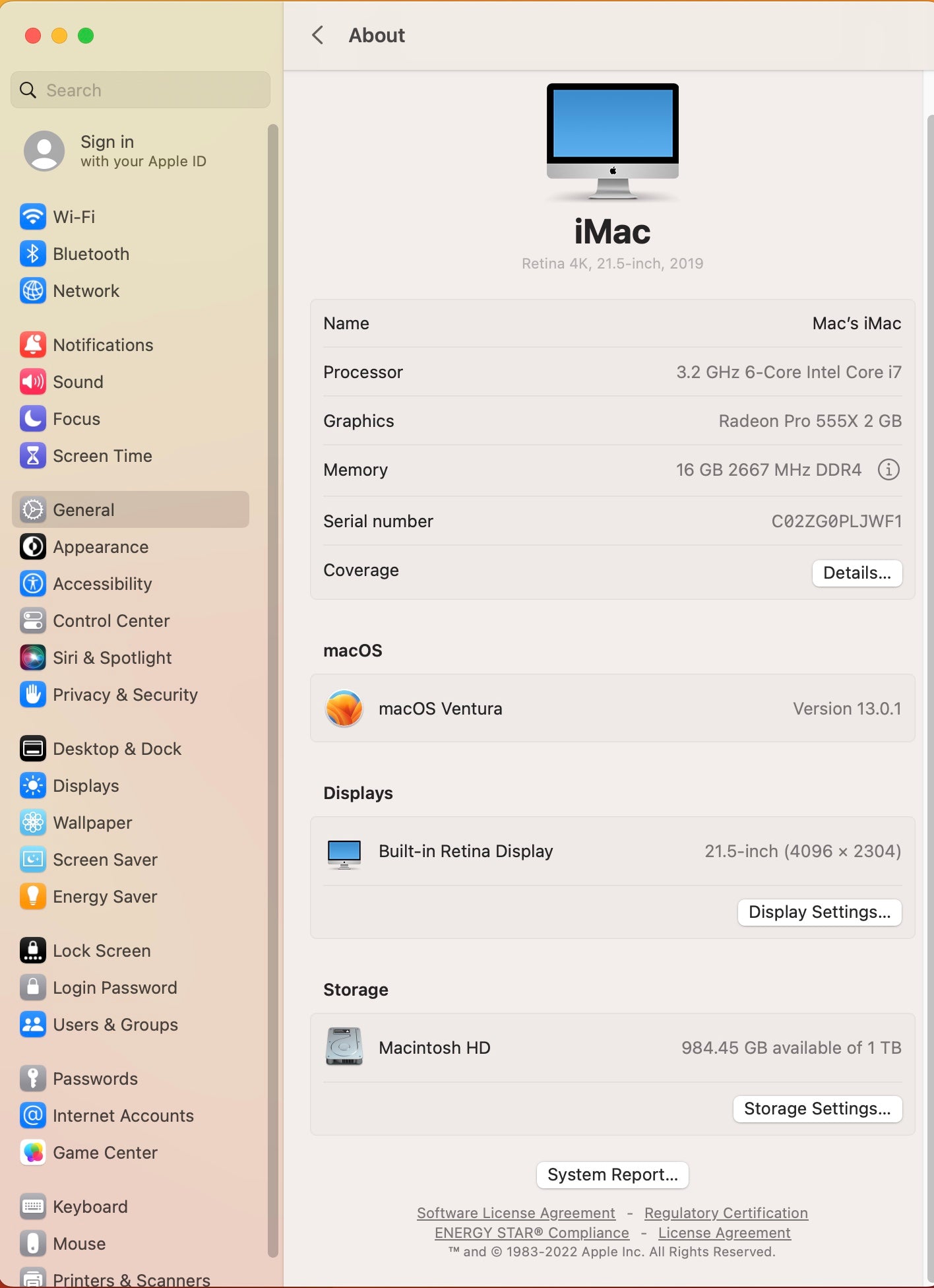 Apple 2019 iMac 21.5 in 4K Retina 3.2GHz 6-Core i7 16GB RAM 1TB SSD RP555X 2GB