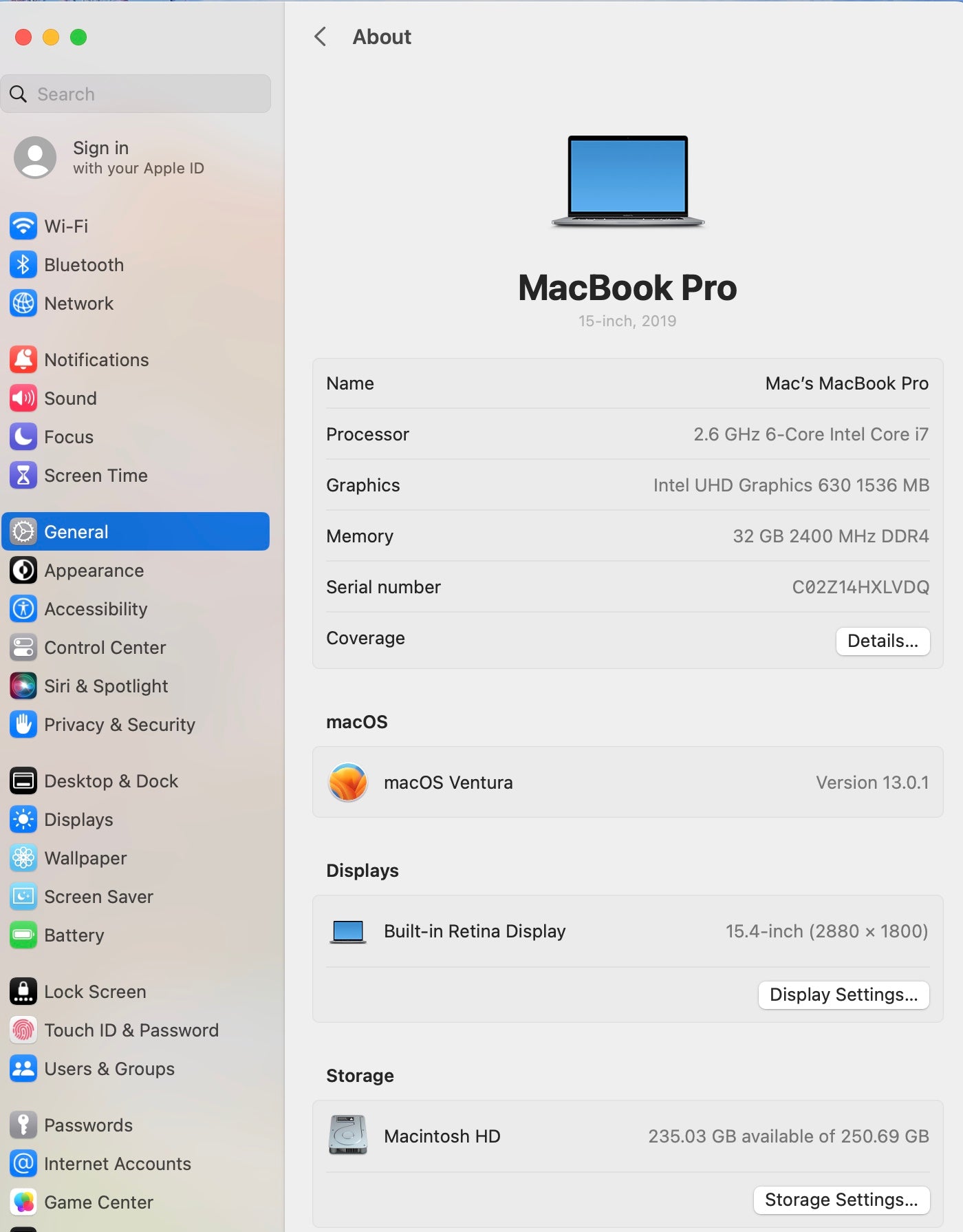 Apple 2019 15 in MacBook Pro TB 2.6GHz 6-Core i7 32GB RAM 256GB SSD RP555X 4GB