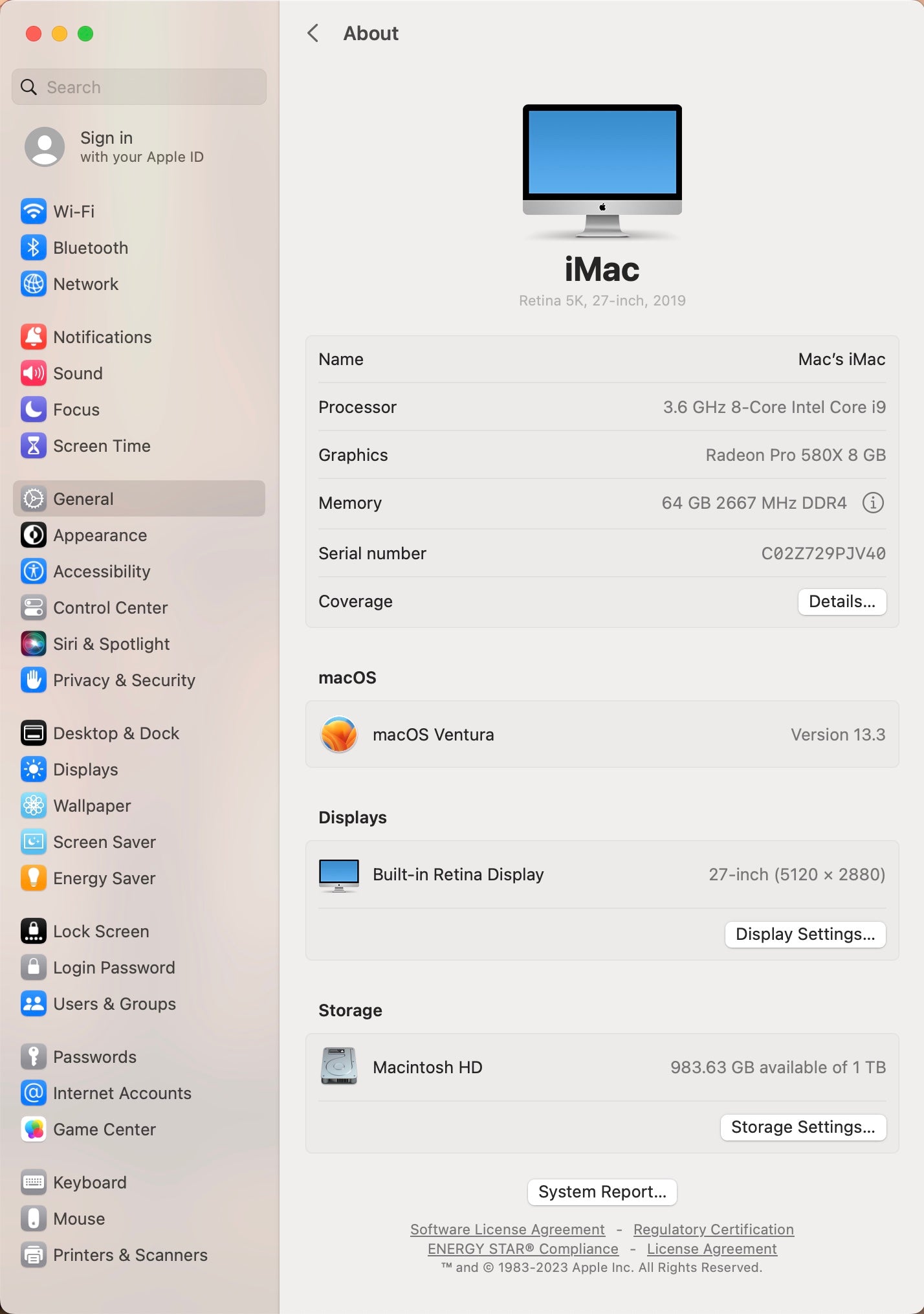 Apple 2019 iMac 27 in 5K Retina 3.6GHz 8-Core i9 64GB RAM 1TB SSD RP580X 8GB