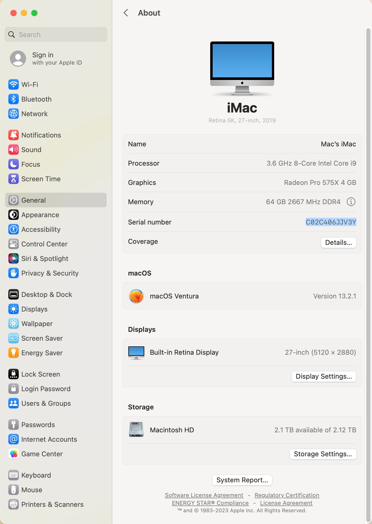 Apple 2019 iMac 27 in 5K Retina 3.6GHz 8-Core i9 64GB RAM 2TB Fusion RP575X 4GB
