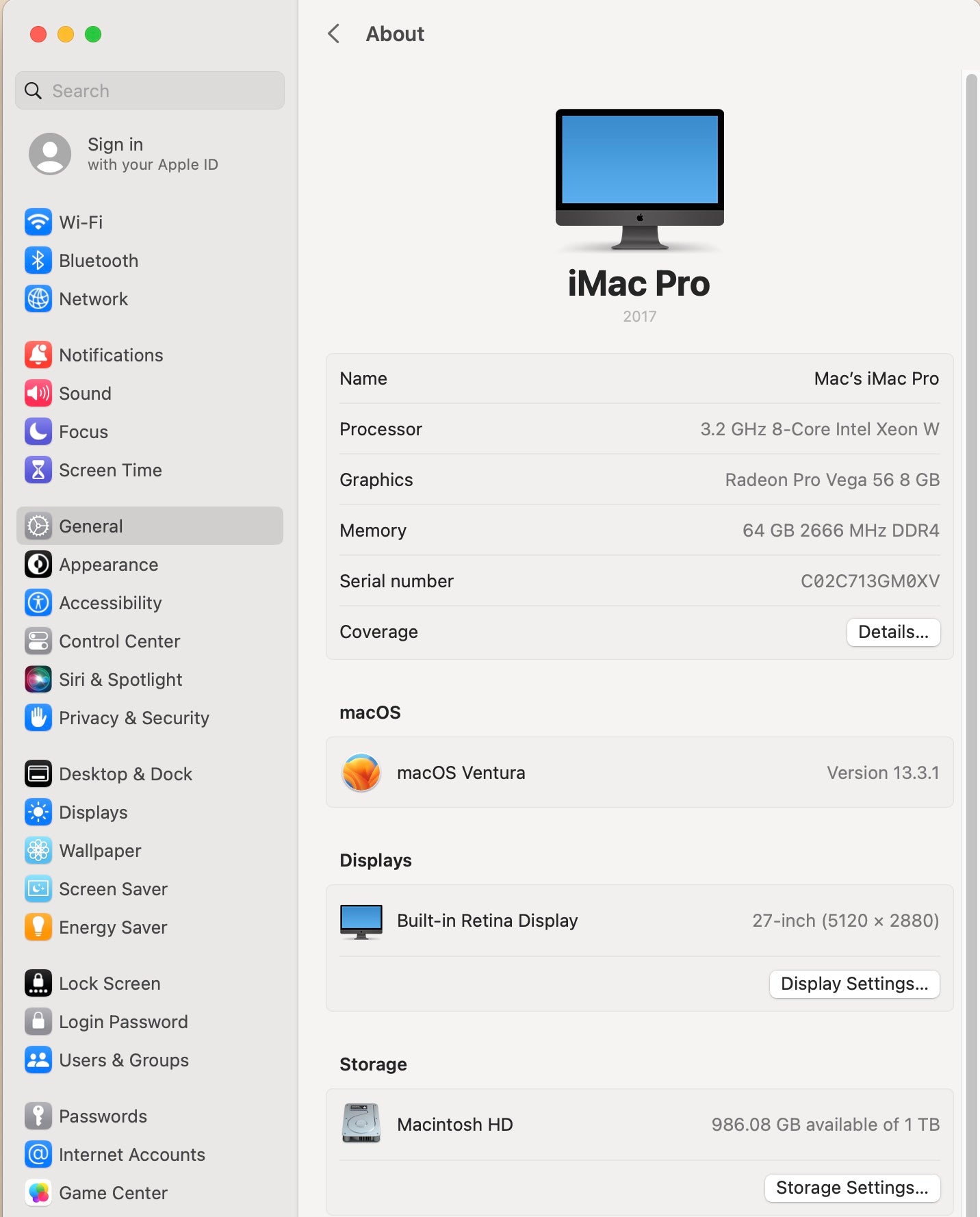 Apple 2017 iMac Pro 5K Retina 3.2GHz 8-Core Xeon W 64GB RAM 1TB SSD Vega 56 8GB