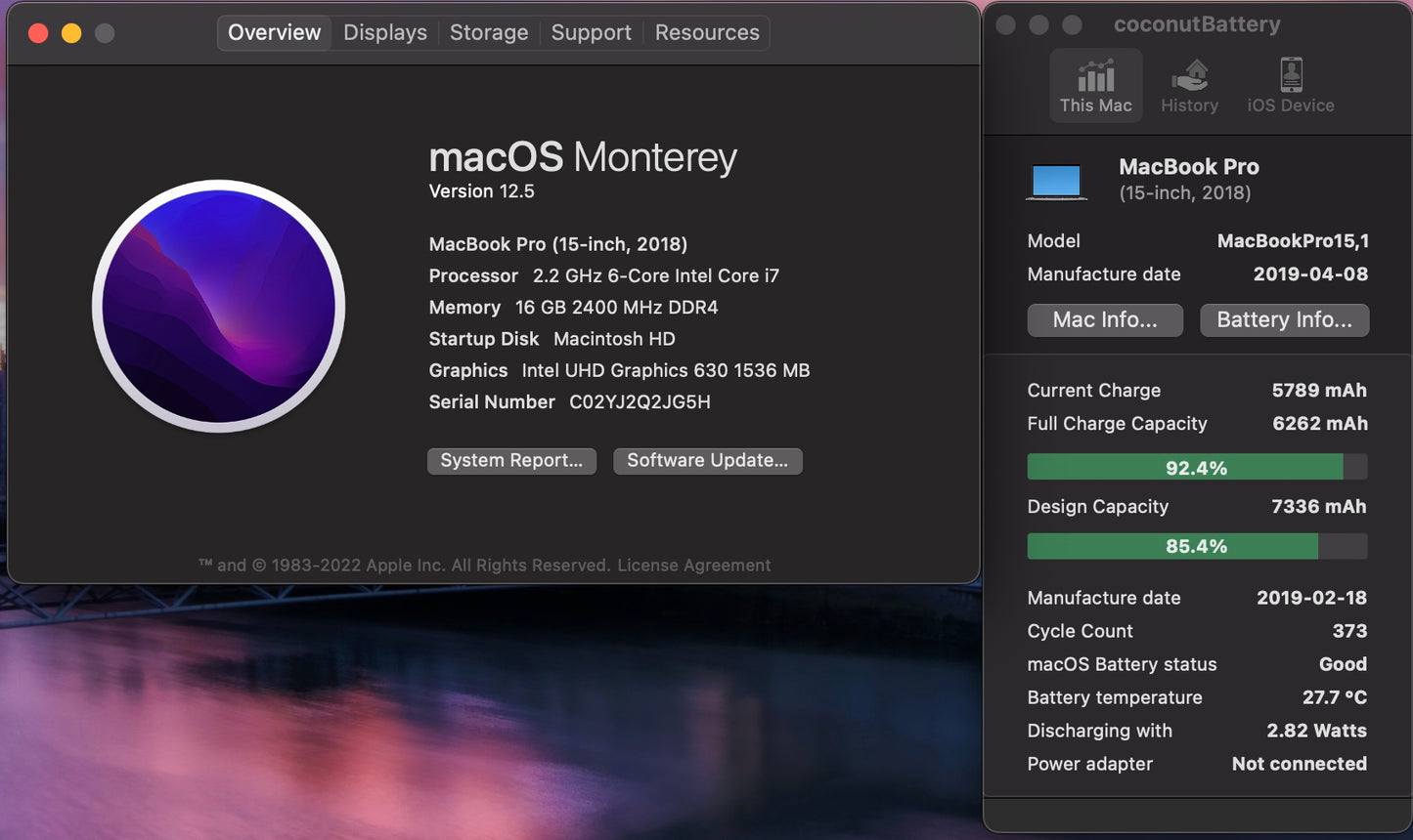 Apple 2018 15 in MacBook Pro TB 2.2GHz 6-Core i7 16GB RAM 256GB SSD RP555X 4GB