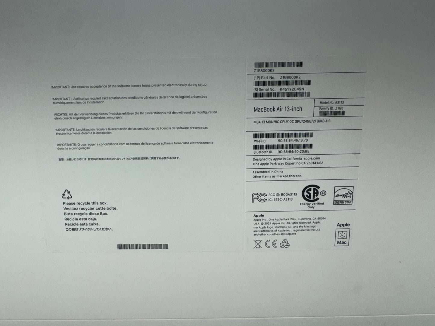 Apple 2024 MacBook Air 13.6" M3 4.1GHz (10-Core GPU) 24GB RAM 2TB SSD AC+ - NEW