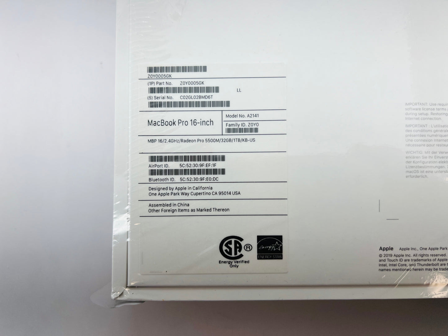 Apple 2019 MacBook Pro 16 in 2.4GHz i9 32GB RAM 1TB SSD RP5500M - Brand new