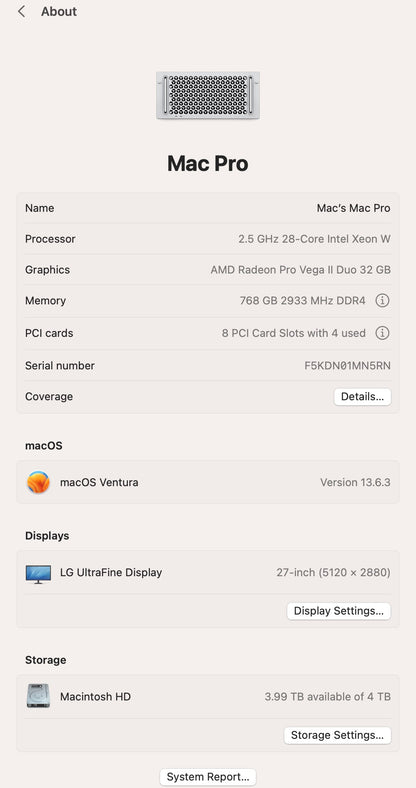 Apple 2019 Mac Pro Rack 2.5GHz 28-Core Xeon 768GB 4TB SSD 2X Vega II Duo 32GB