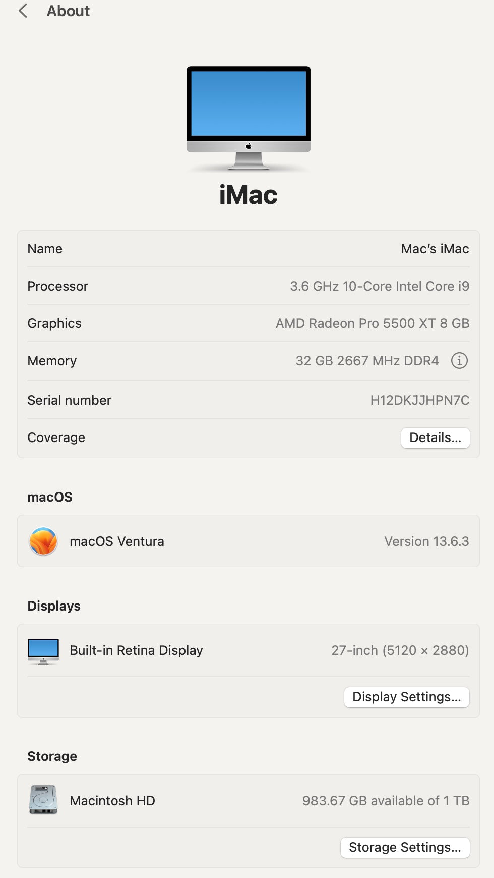 Apple 2020 iMac 27" 3.6GHz 10-Core i9 32GB RAM 1TB SSD RP5500XT 8GB - Very Good