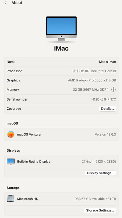 Apple 2020 iMac 27" 3.6GHz 10-Core i9 32GB RAM 1TB SSD RP5500XT 8GB - Very Good