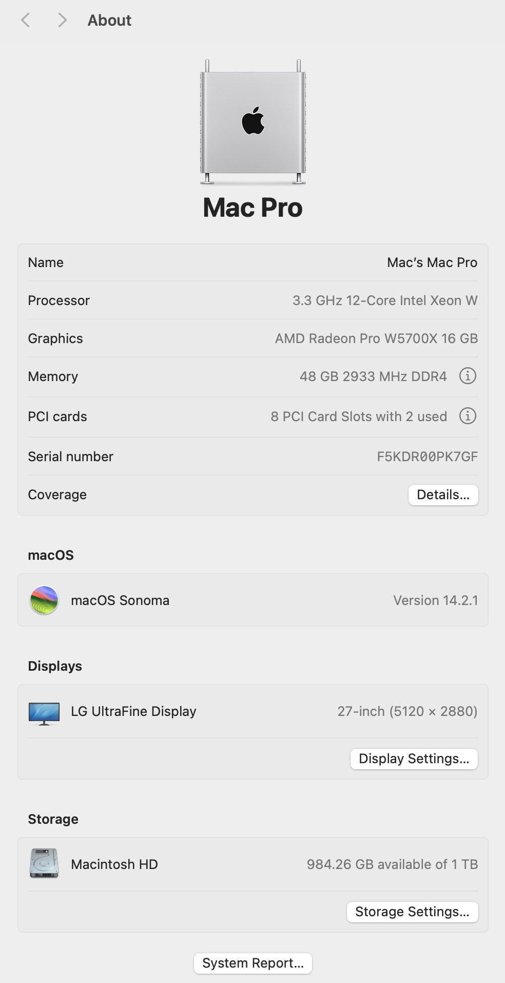 Apple 2019 Mac Pro 3.3GHz 12-Core Xeon 48GB 1TB SSD RP W5700X 16GB - Excellent