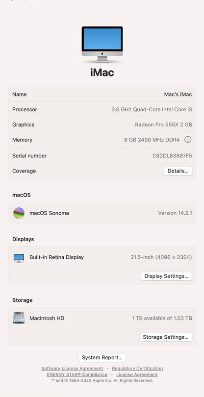 Apple 2019 iMac 21 in 4K 3.6GHz i3 8GB RAM 1TB Fusion Drive RP555X 2GB - Good