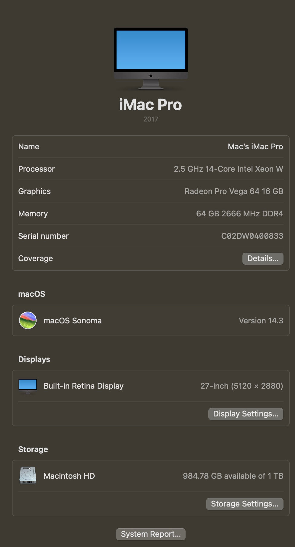 Apple 2017 iMac Pro 27 in 2.5GHz 14-Core Xeon W 64GB RAM 1TB SSD Vega 64 16GB