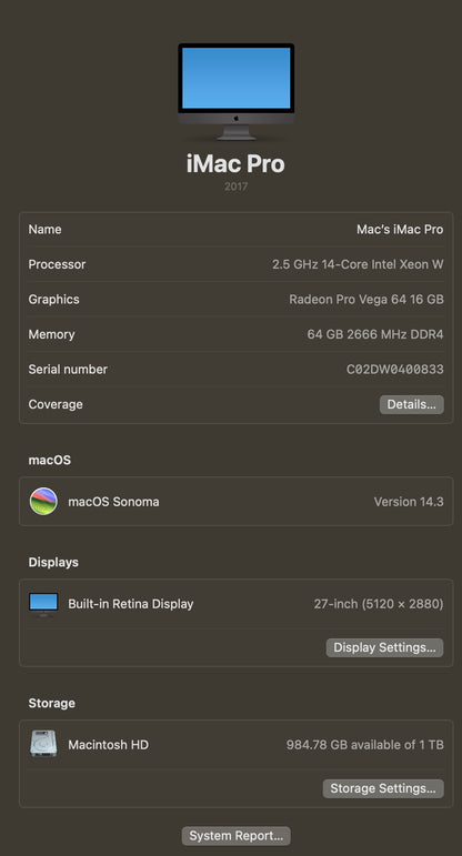 Apple 2017 iMac Pro 27 in 2.5GHz 14-Core Xeon W 64GB RAM 1TB SSD Vega 64 16GB