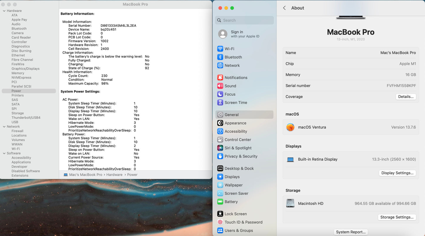 Apple 2020 MacBook pro 13" M1 (8-Core GPU) 16GB RAM 1TB SSD - READ