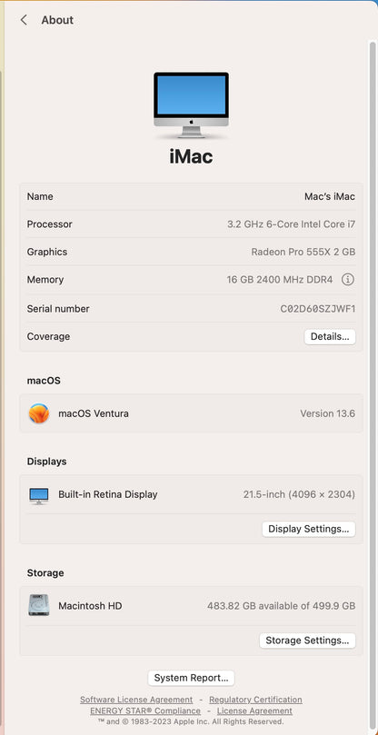 Apple 2019 iMac 21" 3.2GHz 6-Core i7 16GB RAM 512GB SSD RP555X 2GB - Very Good