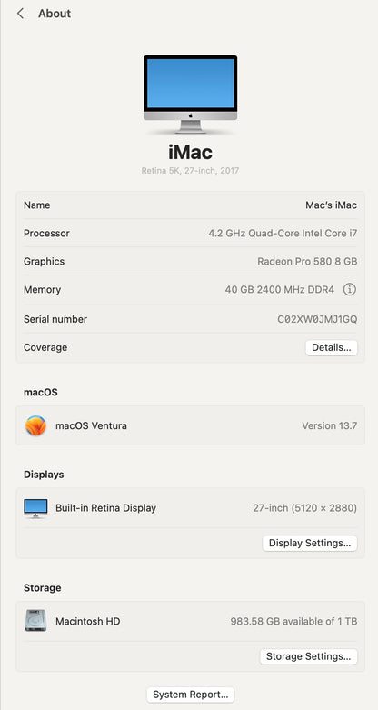 Apple 2017 iMac 27" 5k Retina 4.2GHz i7 40GB RAM 1TB SSD RP580 8GB - Very good