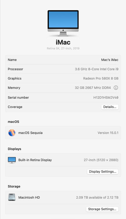 Apple 2019 iMac 27" 5k Retina 3.6GHz i9 32GB RAM 2TB Fusion RP580X 8GB Very good
