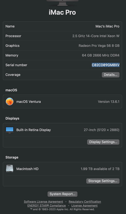 Apple 2017 iMac Pro 27 in 2.5GHz 14-Core Xeon W 64GB RAM 2TB SSD Vega56 8GB