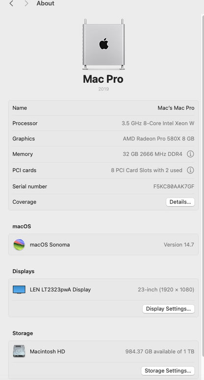 Apple 2019 Mac Pro 3.5GHz 8-Core Xeon 32GB RAM 1TB SSD RP580X 8GB Very good