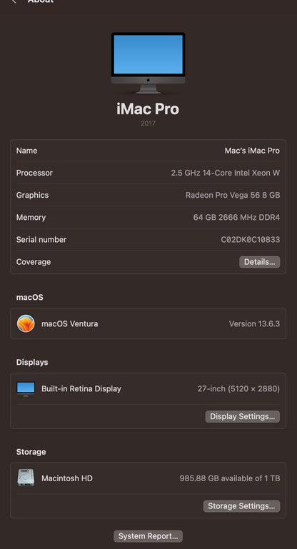 Apple 2017 iMac Pro 2.5GHz 14-Core Xeon W 64GB RAM 1TB SSD Vega 56 8GB - READ