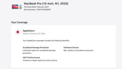 Apple 2020 MacBook Pro 13" M1 (8-Core GPU) 8GB RAM 256GB SSD AC+ - Very Good