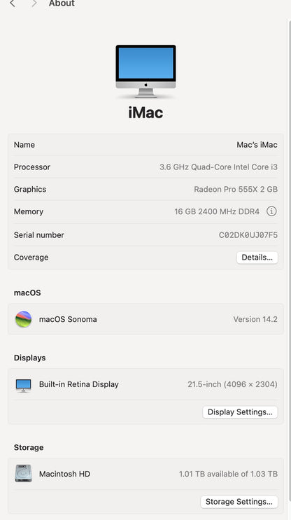 Apple 2019 iMac 21 in 4K 3.6GHz i3 16GB RAM 1TB Fusion RP555X 2GB - Very Good