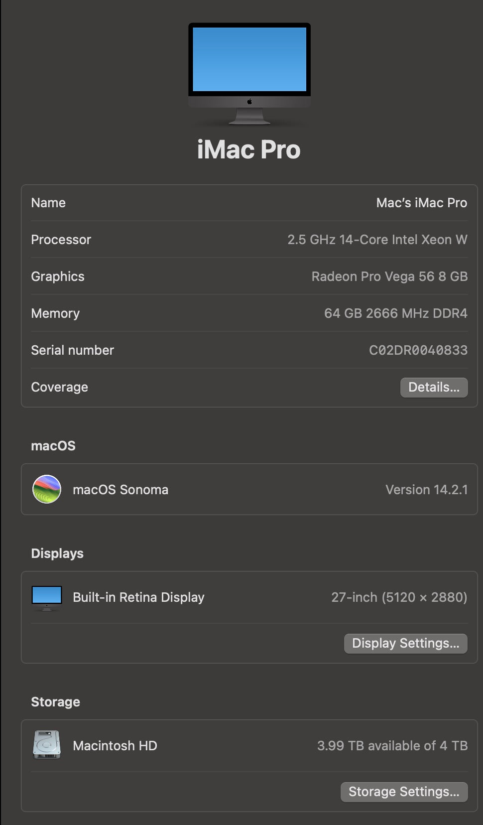 Apple 2017 iMac Pro 2.5GHz 14-Core Xeon 64GB RAM 4TB SSD Vega 56 8GB - Excellent