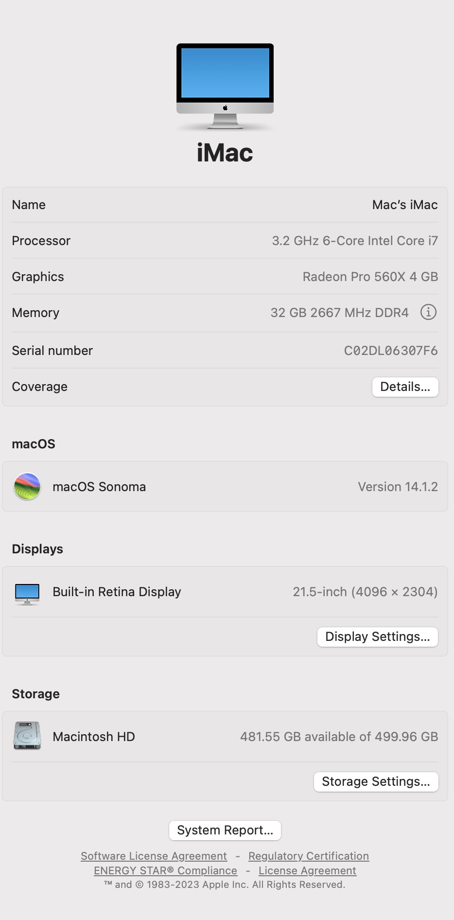 Apple 2019 iMac 21 in 4K 3.2GHz i7 32GB RAM 512GB SSD RP560X 4GB - Good